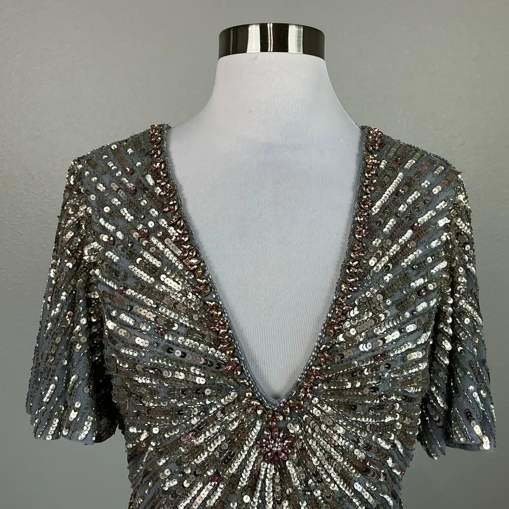 Mac Duggal 5538 Sequined Short Sleeve A-Line Evening Gown Silver Size 6 Dress - Picture 8 of 12